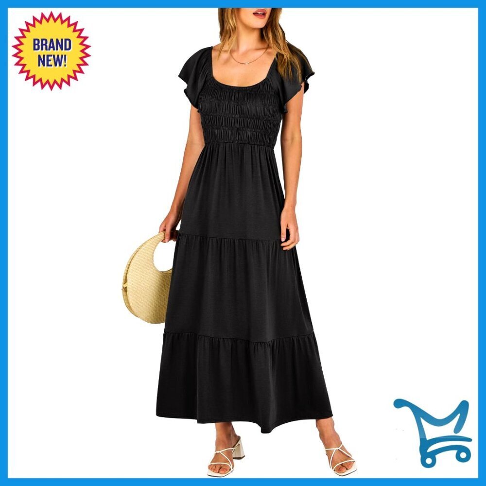 Flutter Sleeve Smocked Maxi Dress A-Line Flowy Casual Summer Beach